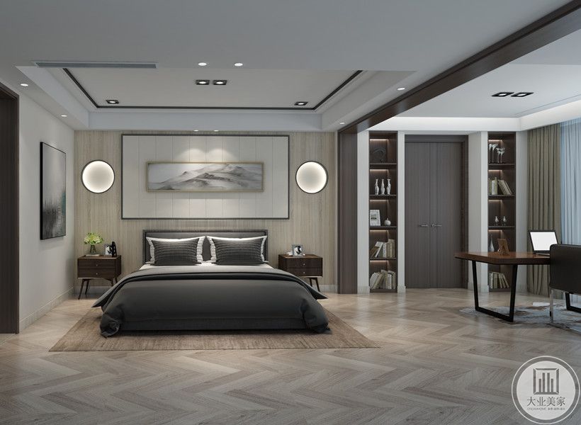 卧室未设置主灯，但射灯使得采光充足，大面积的青灰色调和了棕色地板的浓烈饱和，使整个空间显露恰到好处的温馨和清冷自持的格调。