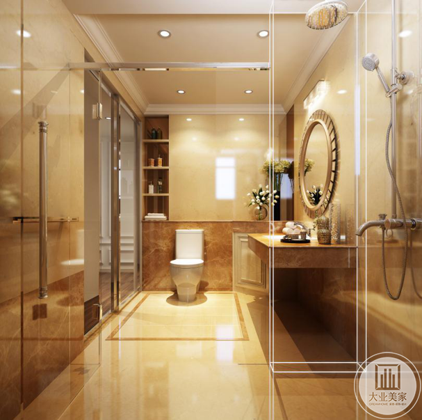 分离式卫浴，呈现简约大器风格，壁面及地坪均采用进口大理石纹磁砖，经由连贯纹理走向彰显主人独具品味。
