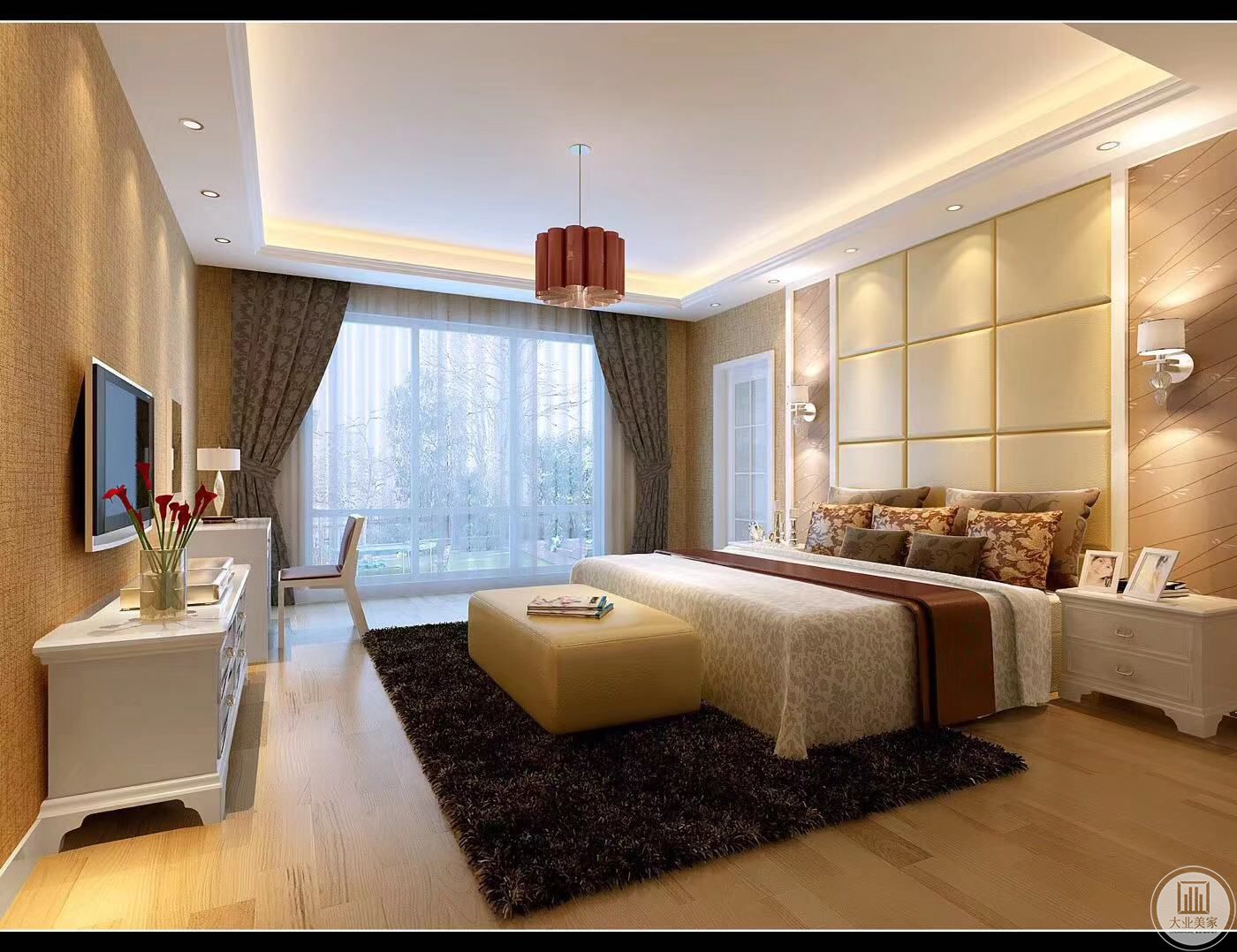 卧室采用木质地板，相对于客厅的白色地砖显得更为放松，墙纸色调和整体搭配相得益彰，橘黄色灯光则更添房间舒适度和柔和感。