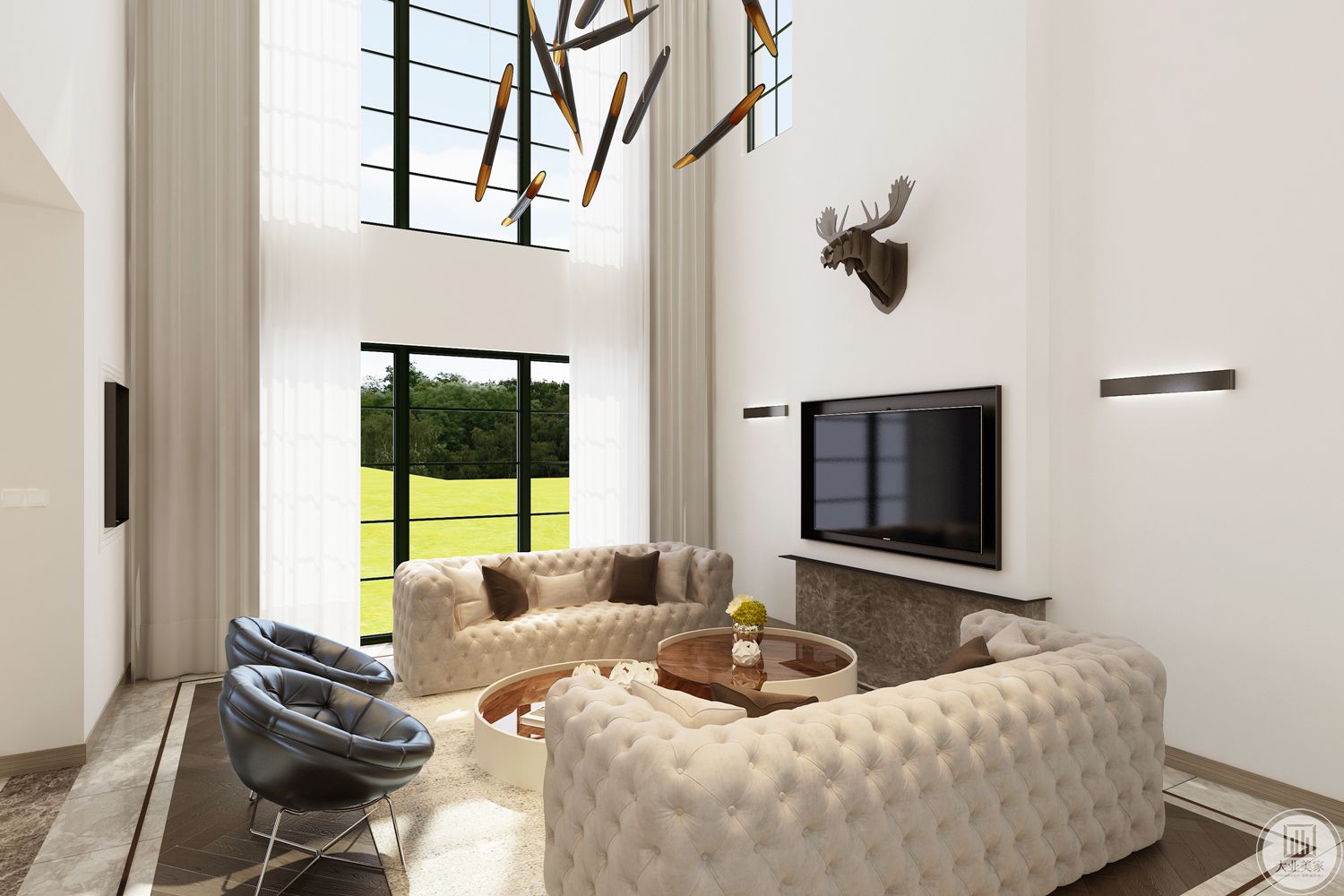 本案客厅的亮点在于景色和室内环境的融合，室内采用白色沙发配合着纯色地毯，屋内安静的环境与室外绿意盎然相映成趣，客厅主灯简洁大方，装饰少而精致。