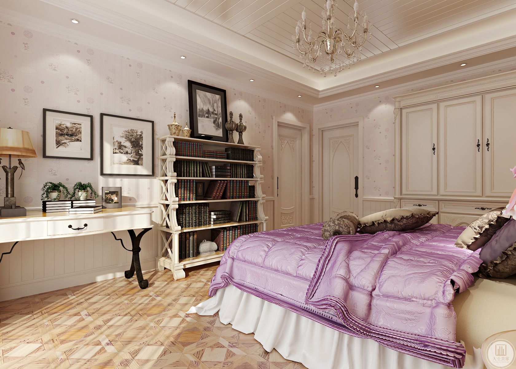 該臥室為戶主大女兒的居室，顏色和配色相對來說比較柔和，采用木質地板搭配紫色被套，為整體添加了一抹明亮，衣柜和門的材質一致，在美觀的同時也方便收納。