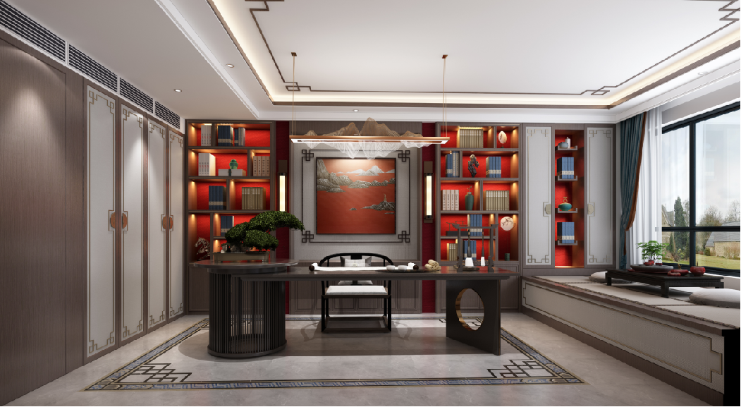 木質書柜柜壁以中國紅為背景，在LED的照耀下顯得異常華貴，飄窗被設計成一個小茶室，方便戶主平日里品茗待客。