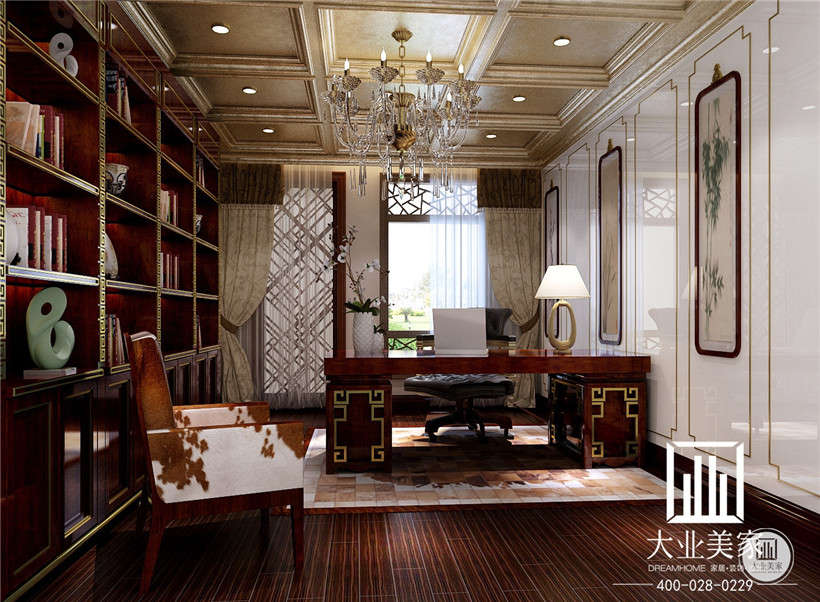 书房属于私人空间，也十分能体现出主人的品味和格调，实木的书桌、罗圈椅、博古架、文房四宝、瓷器、中式灯具，在注重实用性的同时也将中式的古朴雅致渲染的淋漓尽致