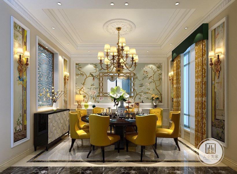 餐厅与主卧基调基本一致，明黄的餐椅，实木餐桌，搭配美式风格壁纸，壁画，为家人提供了一个充满食欲的就餐环境。