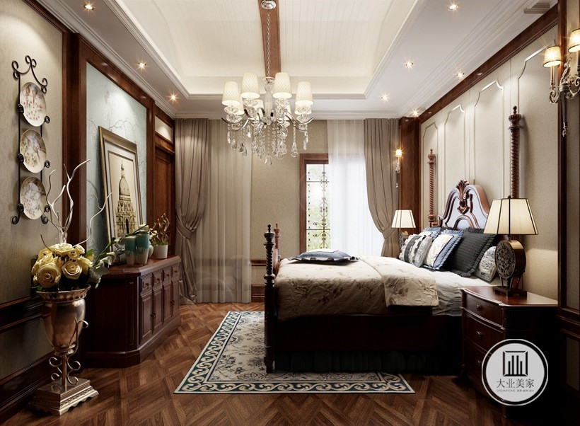 卧室作为主人的私密空间，风格则偏向温馨舒适，主要以功能性和实用舒适为考虑重点，在软装和用色上较为统一，多用温馨柔软的成套布艺来装点