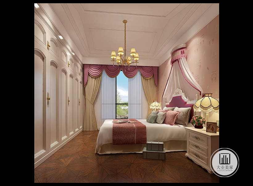 女儿房整体色调以女儿喜欢的粉色为主，搭配白色的实木嵌入式衣柜，温馨大方。